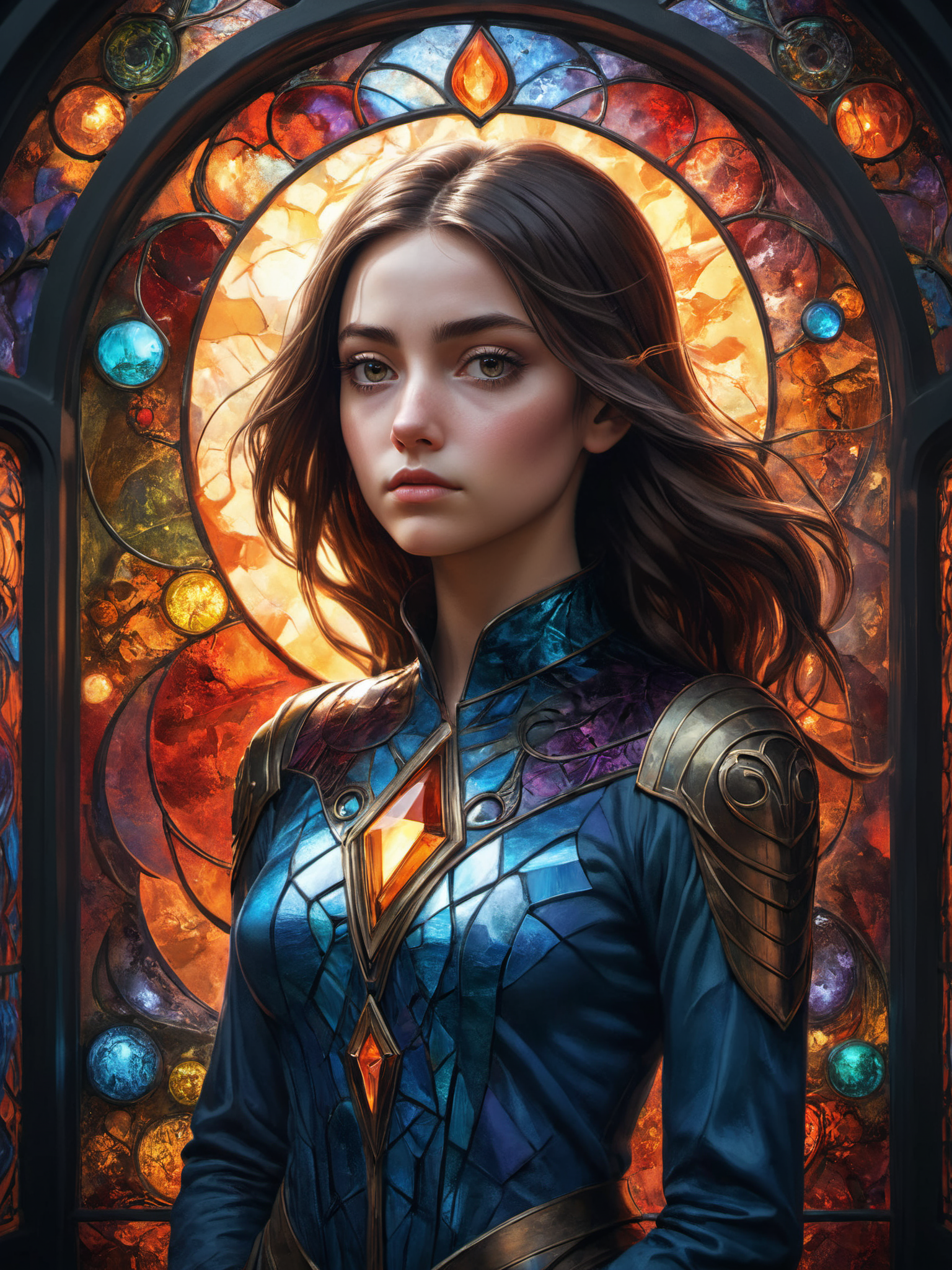 Stained glass style create an award-winning photograph of a young woman exploring an original and unconventional theme that captivates and amazes the viewer. Push boundaries of traditional concepts,infusing the image with creativity and wonder,leaving a lasting impression on those who behold it.,absurdres,intricately detailed,32K,, glow effects, godrays, Hand drawn, render, 8k, octane render, cinema 4d, blender, dark, atmospheric 4k ultra detailed, cinematic, Sharp focus, big depth of field, Masterpiece, colors, 3d octane render, 4k, concept art, trending on artstation, hyperrealistic, Vivid colors, extremely detailed CG unity 8k wallpaper, trending on CGSociety, Intricate, High Detail, dramatic . Vibrant, beautiful, translucent, intricate, detailed