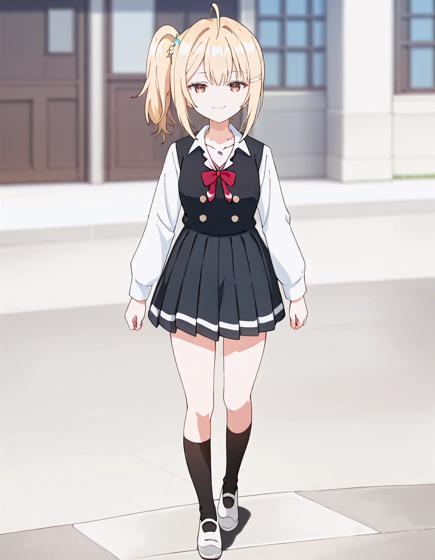 score_9, score_8_up, score_7_up, source_anime, BREAK
1girl, solo, looking at viewer, blurry background, outdoors, scenary, blue sky, walking, full body,
nonoa miyamae, blonde hair, medium hair, side ponytail, hair ornament, hairclip, ahoge, brown eyes, smug,
school uniform, collarbone, necklace, white shirt, long sleeves, red bow, black vest, buttons, pleated skirt, black socks, white footwear,
<lora:nonoa_miyamae_anime-soralz:1>