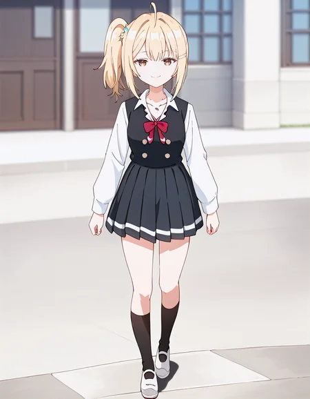 score_9, score_8_up, score_7_up, source_anime, BREAK
1girl, solo, looking at viewer, blurry background, outdoors, scenary, blue sky, walking, full body,
nonoa miyamae, blonde hair, medium hair, side ponytail, hair ornament, hairclip, ahoge, brown eyes, smug,
school uniform, collarbone, necklace, white shirt, long sleeves, red bow, black vest, buttons, pleated skirt, black socks, white footwear,
<lora:nonoa_miyamae_anime-soralz:1>