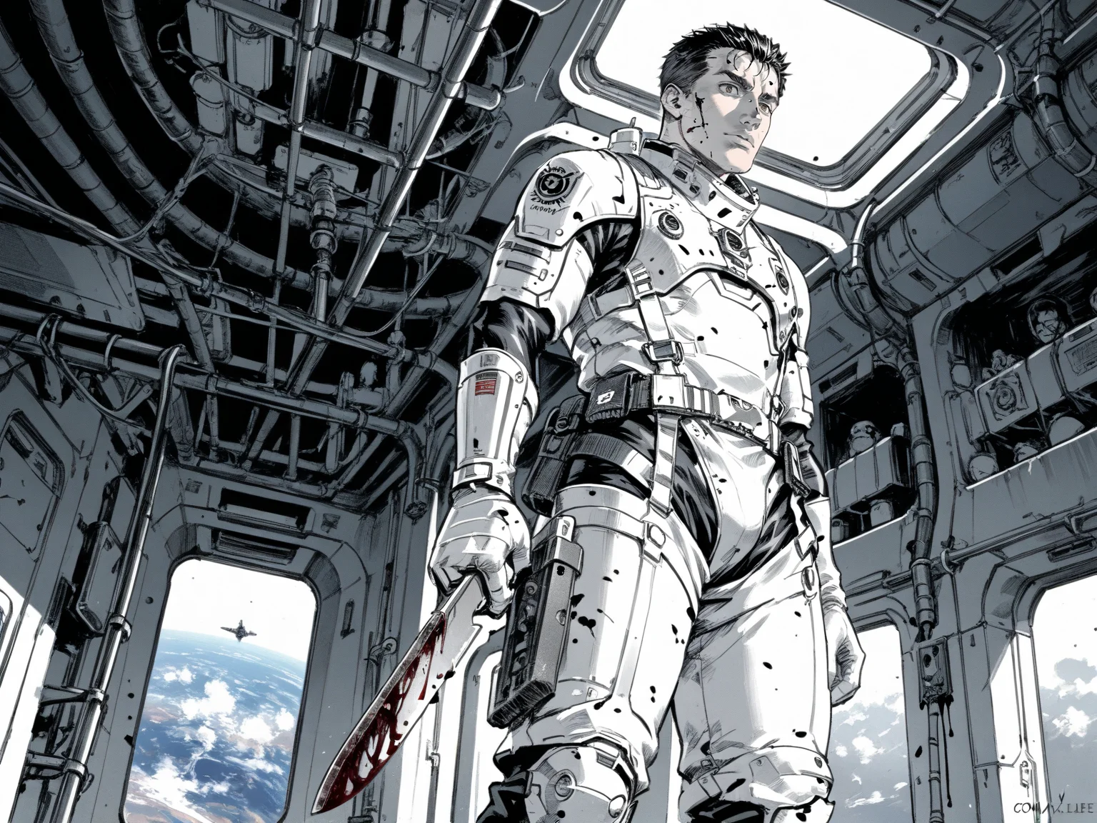 adult man, male focus, brown eyes, black hair, short hair, standing, spaceship corridor, holding knife, looking to the side, white space suit, blood, from below, science fiction, indoors, spacecraft interior, solo,
, <lora:Berserk:0.8>, score_9, score_8_up, score_7_up, zPDXL3, monochrome, greyscale