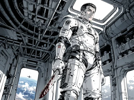 adult man, male focus, brown eyes, black hair, short hair, standing, spaceship corridor, holding knife, looking to the side, white space suit, blood, from below, science fiction, indoors, spacecraft interior, solo,
, <lora:Berserk:0.8>, score_9, score_8_up, score_7_up, zPDXL3, monochrome, greyscale
