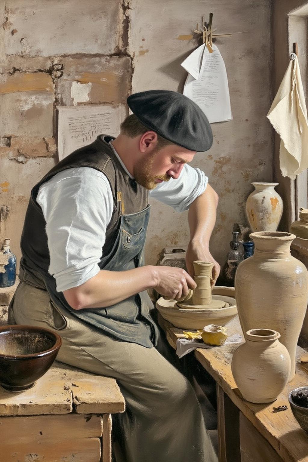 lauritsandersenring1 painting. A man, shown in side profile, works at a pottery wheel, shaping a clay vessel. The space is filled with pottery, bowls, vases, and notes pinned to the wall. The background includes an unfinished wall. <lora:lauritsandersenring1_cap_d8a4e13:1.0><lora:857022707282263863:0>