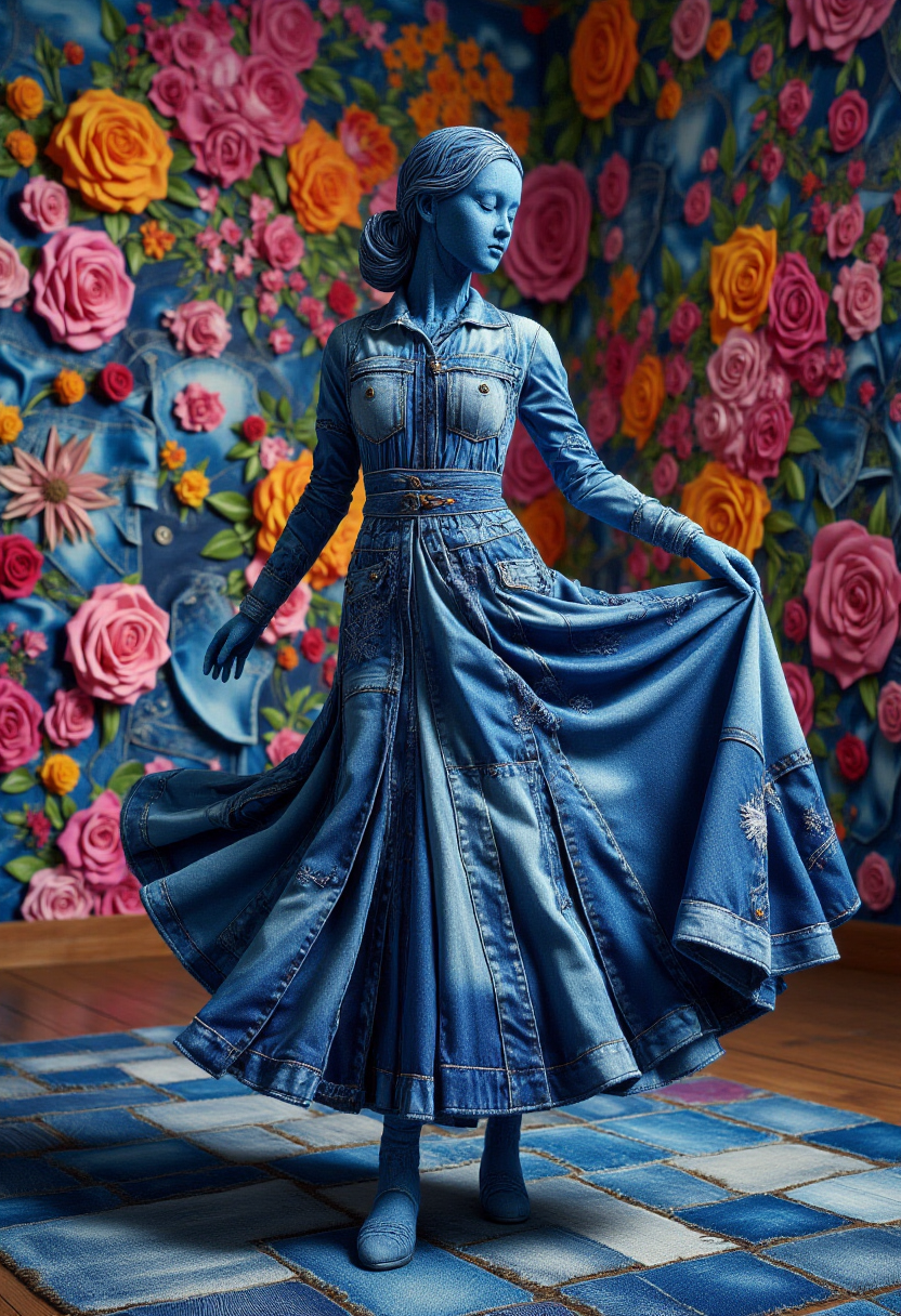 <lora:Denim_Dreamer_FLUX-000021:0.9>  
The image is a CGI rendering of a woman dancing designed to resemble a patchwork quilt made from denim fabric, complete with a whimsical, surreal ballroom aesthetic.