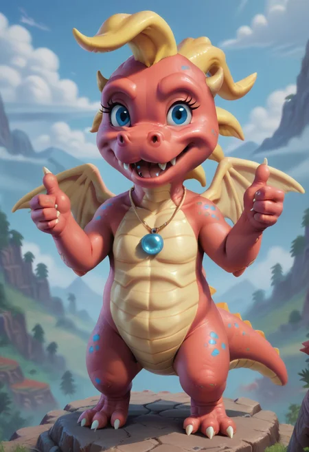 score_9, score_8_up, score_7_up, score_6_up, score_5_up, score_4_up, cassie \(dragon tales\), solo, wings, dragon, necklace, jewelry, female, no humans, looking at viewer, horns, blue eyes, outdoors, anthro, fangs, open mouth, colored skin, sky, day, scalie, blue sky, red skin, fangs out, standing, cloud, smile, thumbs up,