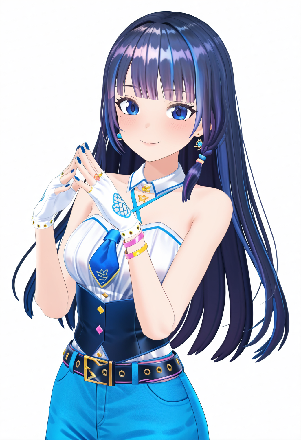 masterpiece, best quality, very aesthetic, absurdres, 1girl, solo,
<lora:fuji_aoi_v01:0.9>, virtual youtuber, aoi_costume4, black hair, long hair, blue eyes,
earrings, detached collar, criss-cross halter, white tank top, strapless, blue necktie, short necktie, bracelet, white gloves, blue nails, belt, denim, blue shorts, smile, light blush, posing, upper body