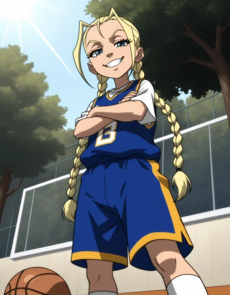 detailed, masterpiece, best quality,
basketball uniform, blue vest, white t-shirt, shorts, kneehighs,
outside,
1girl, solo, looking at viewer, crossed arms,
<lora:tb-cindymcphearson:1>, xcindyx, blonde hair, long hair, twin braids, blue eyes, eyelashes,