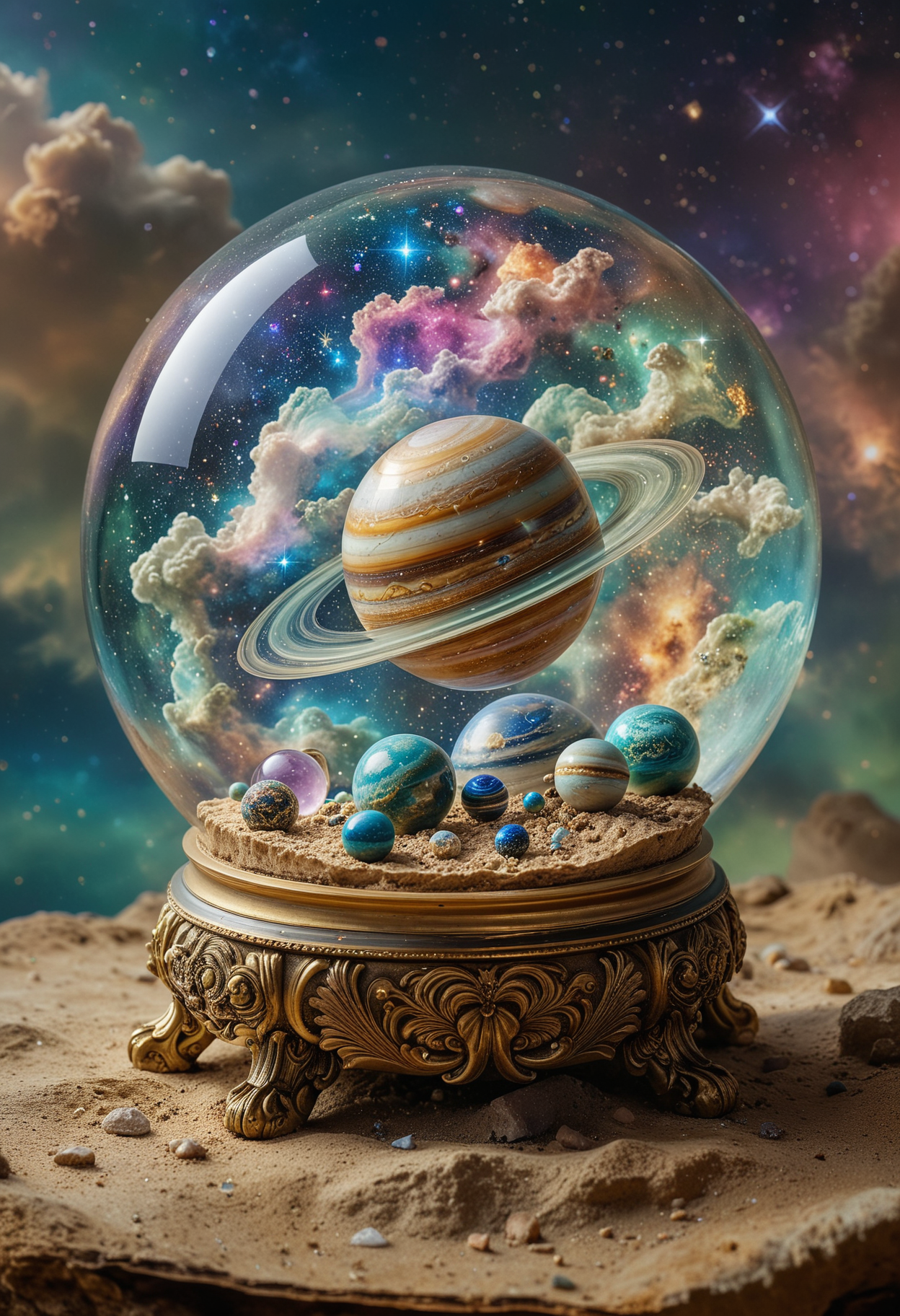 An ornate golden stand cradles a clear glass dome showcasing a miniature galaxy, vibrant planets in shades of blue and green and beige and rings of brown encircle a central cream-colored Saturn, while nebulous clouds in pink and purple and blue hues studded with bright stars, fill the backdrop, all above a sandy desert base sprinkled with rocky debris and tiny gem-like specks, <lora:MJ52:0.4>, <lora:SDXLFaeTastic2400:0.3>, <lora:CinematicStyle_v1:0.7>, <lora:add-detail-xl:1>