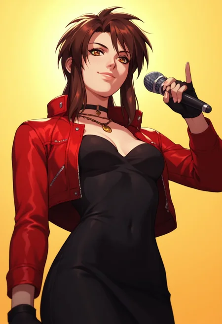 score_9, score_8_up, score_7_up, score_6_up, 1girl, solo, Priss, microphone, singing, black dress, red jacket, choker, necklace, fingerless gloves, detailed eyes, perfect face, perfect eyes, sexy, sexy girl, beautiful eyes, petite body, small breasts, standing, posing, light smile, simple background, from below, dynamic angle <lora:Priss Asagiri _ Bubblegum Crisis Tokyo 2040_epoch_10:1>