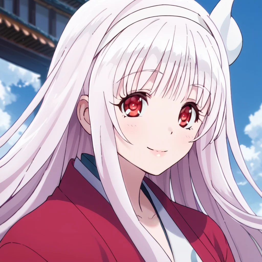 score_9, score_8_up, score_7_up, score_6_up, score_5_up, score_4_up, source_anime, , Yuuna, very long hair, red eyes, white hair, japanese clothes, large breasts, , soft smile, portrait
