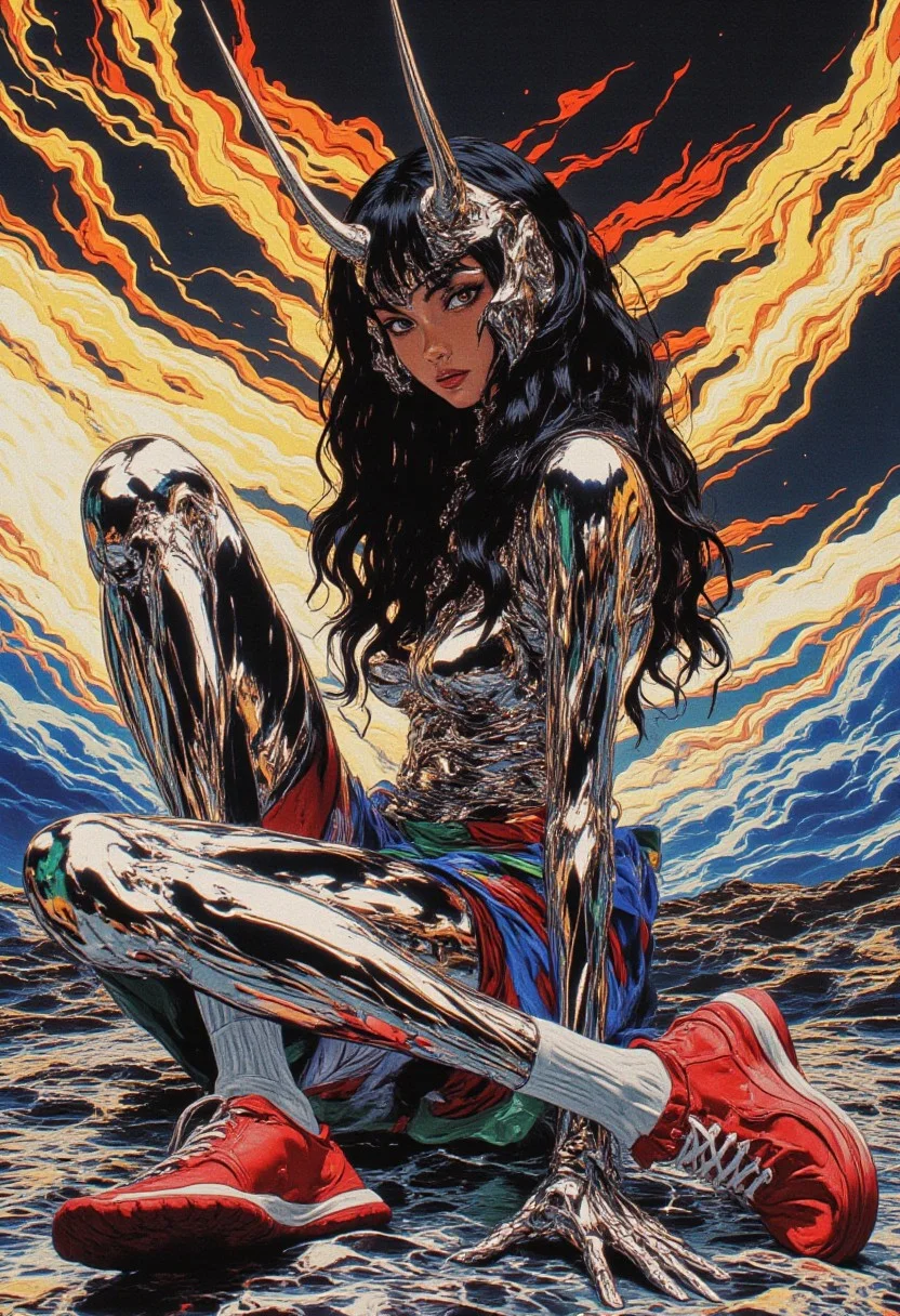 HD, 8k, masterpiece artwork: This hyper-realistic digital illustration captures an adult woman with an ethereal, surreal presence, entirely reimagined in breathtaking chrome art. Every part of her body gleams in polished metallic silver, reflecting light with stunning precision, creating a futuristic, otherworldly look. Two large chrome horns curve upward from her head, adding a fantastical touch. Her hair flows in swirling shades of silver, black, and gray, transitioning in smooth gradients. Her silver eyes carry melancholic depth, and her lips gleam with metallic red, deepening her mysterious aura. She sits gracefully, her right leg extended outward and bent at the knee, while her left leg crosses over it in a relaxed curve. Her right arm rests on her knee, hand open, while her left hand gently lies on her lap, fingers delicately curled. She wears a sleek metallic silver top with chrome accents and white-blue striped sleeves, paired with a patchwork skirt in metallic red, blue, green, and yellow hues. Her legs are clad in silver tights, and her red sneakers with chrome laces and white soles reflect a futuristic vibe. The background swirls with liquid metallic silver, glowing accents of yellow, blue, and red, creating a dreamlike atmosphere. Leading lines converge on her chrome figure, highlighting her striking presence in a visually captivating, surreal scene.