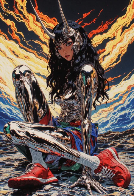 HD, 8k, masterpiece artwork: This hyper-realistic digital illustration captures an adult woman with an ethereal, surreal presence, entirely reimagined in breathtaking chrome art. Every part of her body gleams in polished metallic silver, reflecting light with stunning precision, creating a futuristic, otherworldly look. Two large chrome horns curve upward from her head, adding a fantastical touch. Her hair flows in swirling shades of silver, black, and gray, transitioning in smooth gradients. Her silver eyes carry melancholic depth, and her lips gleam with metallic red, deepening her mysterious aura. She sits gracefully, her right leg extended outward and bent at the knee, while her left leg crosses over it in a relaxed curve. Her right arm rests on her knee, hand open, while her left hand gently lies on her lap, fingers delicately curled. She wears a sleek metallic silver top with chrome accents and white-blue striped sleeves, paired with a patchwork skirt in metallic red, blue, green, and yellow hues. Her legs are clad in silver tights, and her red sneakers with chrome laces and white soles reflect a futuristic vibe. The background swirls with liquid metallic silver, glowing accents of yellow, blue, and red, creating a dreamlike atmosphere. Leading lines converge on her chrome figure, highlighting her striking presence in a visually captivating, surreal scene.