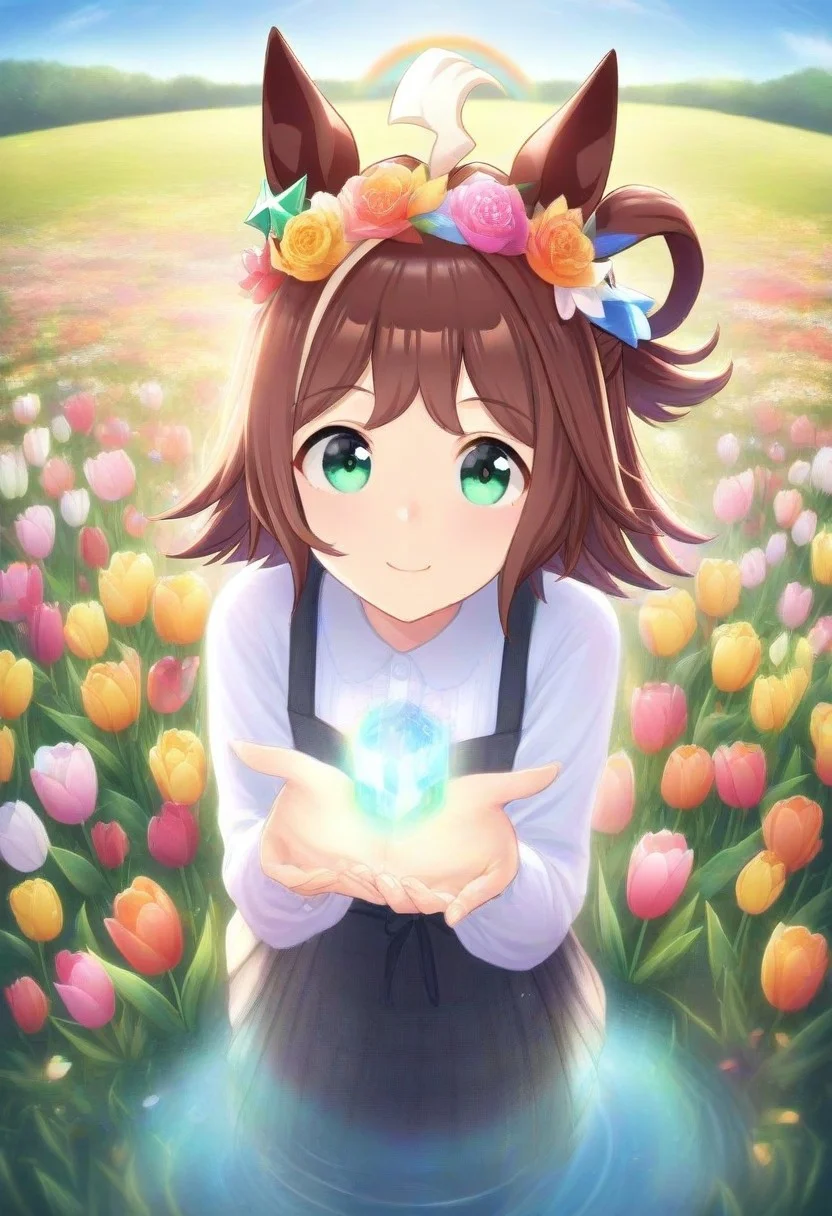 (umamusume, rhein_kraft_(umamusume), horse_ears, horse_girl, tail, 1girl, Tulip, animal_ears,), 
casual, field, flower, flower_field, green_eyes, hair_between_eyes, hair_ornament, 
head_wreath, looking_at_viewer,  solo, , symmetric ,spiralling vortex made of multicoloured tulips,ripples, reflective, jaynl-tm, rainbow, , g0ldsw0rthy,
(realistic, photo,  artistic, medium_hair, one_eye_closed, petals, relaxing,  lush foliage sunrise,  ,  : 0.7)