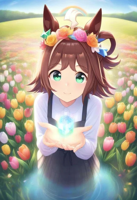 (umamusume, rhein_kraft_(umamusume), horse_ears, horse_girl, tail, 1girl, Tulip, animal_ears,),
casual, field, flower, flower_field, green_eyes, hair_between_eyes, hair_ornament,
head_wreath, looking_at_viewer, solo, , symmetric ,spiralling vortex made of multicoloured tulips,ripples, reflective, jaynl-tm, rainbow, , g0ldsw0rthy,
(realistic, photo, artistic, medium_hair, one_eye_closed, petals, relaxing, lush foliage sunrise, , : 0.7)