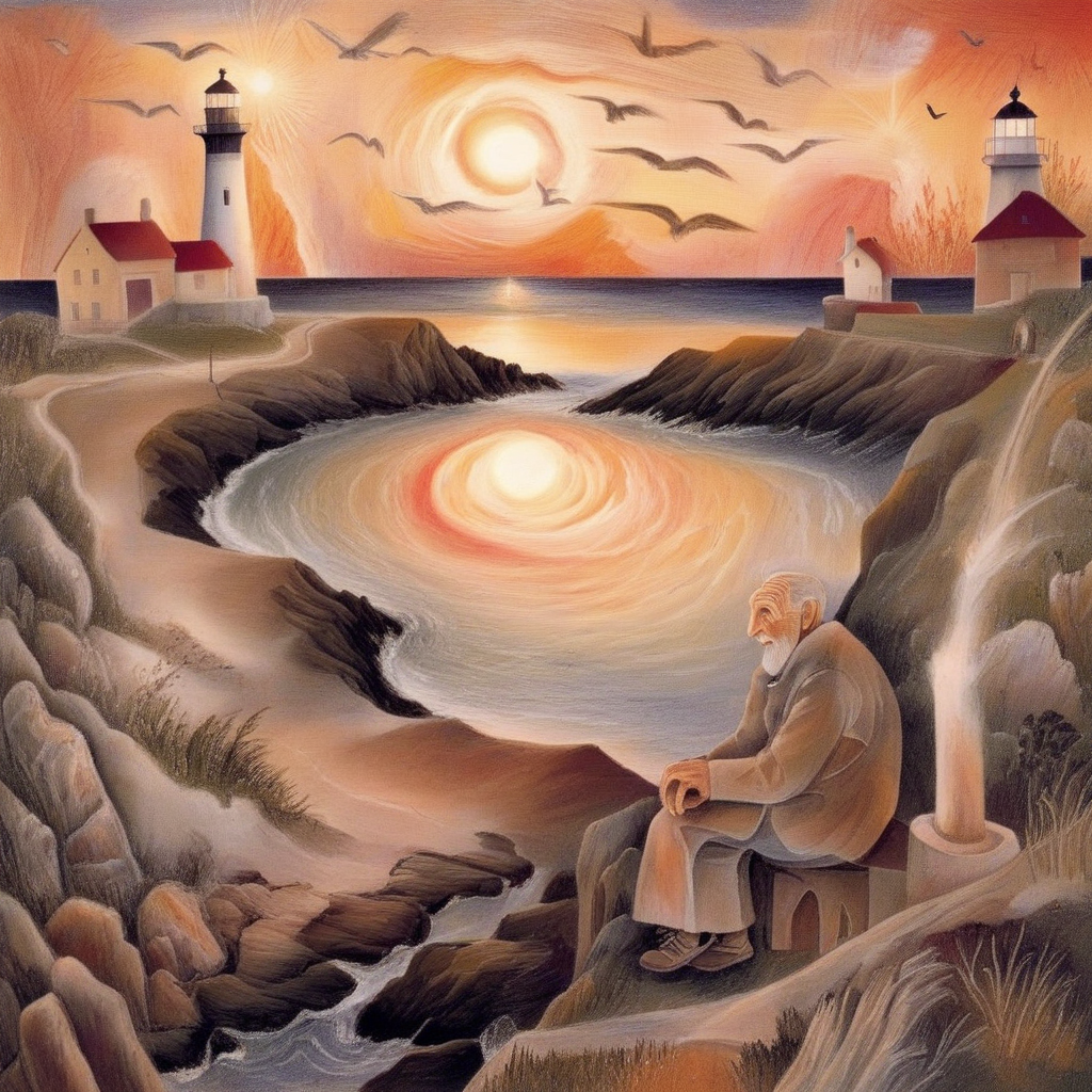 old man near the lighthouse, sunset, sentimental