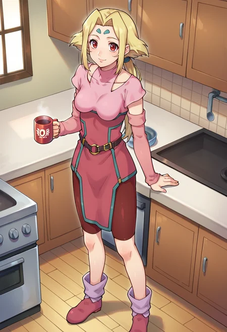 score_9,score_8_up,score_7_up,score_6_up,score_5_up,score_4_up,anime coloring BREAK source_anime,anime,<lora:Fiona Elisi Linette Zoids Pony:0.8>,fiona,1girl,solo,red eyes,forehead mark,blonde hair,sidelocks,ponytail,pink impossible clothes,collarbone,detached sleeves,red bike shorts,pink boots,standing,smile,indoors,kitchen,mug,holding mag,looking at viewer,
