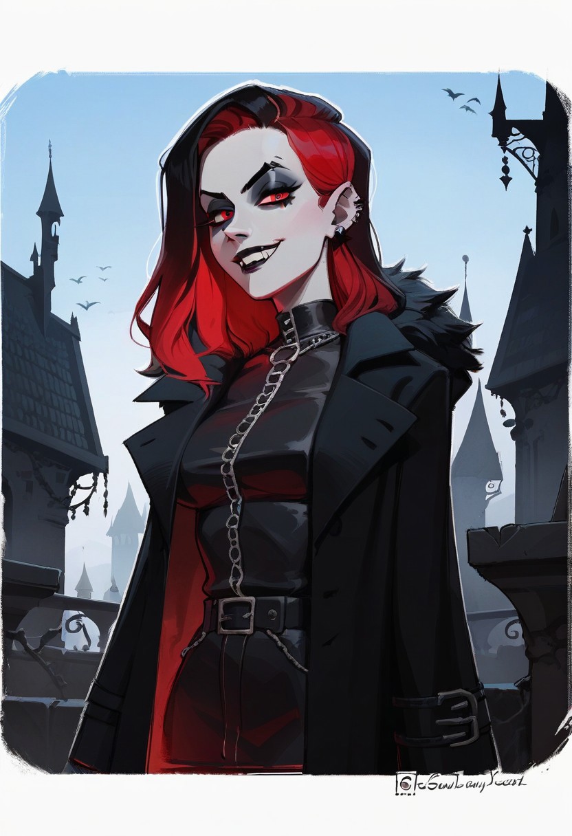 score_9, score_8_up,  score_8_up,  sexy woman,   vampires, intricate outfit, bobcat hairstyle,  black coat,  smirk  gothic atmosphere, crows, dark castle, outdoors,  black colors, red colors, detailed background,  simple shadows, flat coloring, flat shadows, thick lines, white outline,