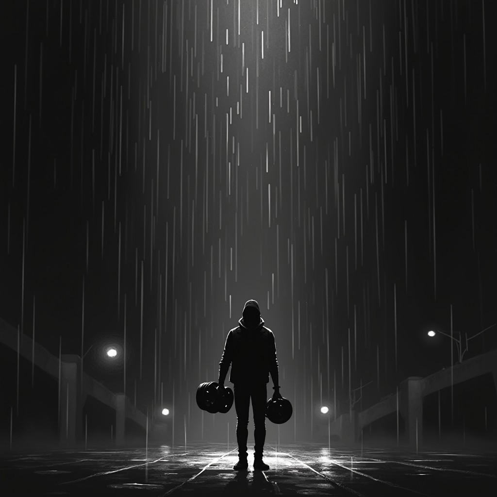 A lone figure standing under the rain, head slightly tilted as if deep in thought. The scene is urban, with a few distant lights barely piercing the darkness. The figure holds a dumbbell in one hand, symbolizing discipline, and a film reel in the other, representing a love for cinema. Above, a glitchy, digital distortion hints at an unseen reality, inspired by Matrix and Dark City. The overall mood is introspective yet determined, a balance between overthinking and focused action. The art style is monochrome pixel art, emphasizing contrast and depth with a noir aesthetic