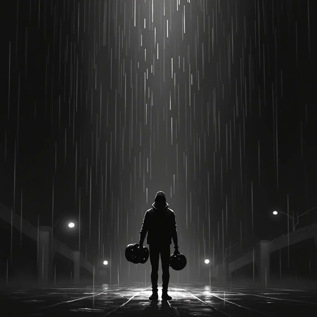A lone figure standing under the rain, head slightly tilted as if deep in thought. The scene is urban, with a few distant lights barely piercing the darkness. The figure holds a dumbbell in one hand, symbolizing discipline, and a film reel in the other, representing a love for cinema. Above, a glitchy, digital distortion hints at an unseen reality, inspired by Matrix and Dark City. The overall mood is introspective yet determined, a balance between overthinking and focused action. The art style is monochrome pixel art, emphasizing contrast and depth with a noir aesthetic
