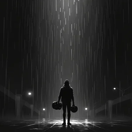 A lone figure standing under the rain, head slightly tilted as if deep in thought. The scene is urban, with a few distant lights barely piercing the darkness. The figure holds a dumbbell in one hand, symbolizing discipline, and a film reel in the other, representing a love for cinema. Above, a glitchy, digital distortion hints at an unseen reality, inspired by Matrix and Dark City. The overall mood is introspective yet determined, a balance between overthinking and focused action. The art style is monochrome pixel art, emphasizing contrast and depth with a noir aesthetic