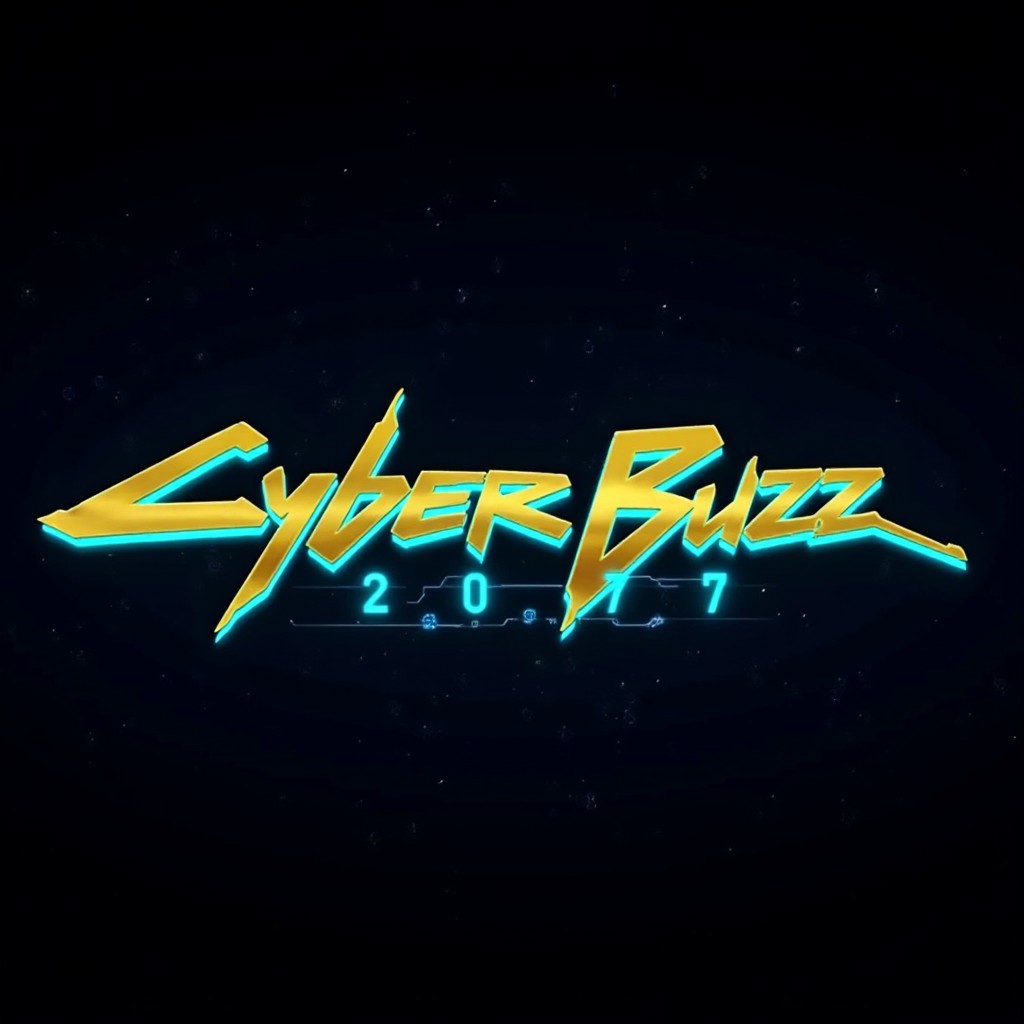 Cyberpunk typeface golden text "CyberBuzz" with cyan afterglow, A dark night sky in the background