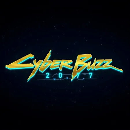 Cyberpunk typeface golden text "CyberBuzz" with cyan afterglow, A dark night sky in the background