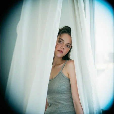 analog film photo surrealist art ultra realistic, ultra detailed, ultra quality, ultra lighting, cinematic, ethereal ambience, ethereal presence, half-body analog portrait of a woman standing behind a sheer white curtain blown softly by unseen wind, the fabric brushes her cheek and shoulder, catching cold afternoon light from a distant window, her soft gray tank top clings to her chest, hair windswept across her face, eyes half-closed, mouth relaxed, ambient lighting wrapped in pale blue, shot on Pentax Spotmatic with Fuji Pro 400H, ethereal softness and natural surrealism
<lora:Beautifulartisticportraitsv.1.4:1> aesthetic, surr34l . dreamlike, mysterious, provocative, symbolic, intricate, detailed, RAW candid cinema, 16mm, color graded portra 400 film, remarkable color, ultra realistic, textured skin, remarkable detailed pupils, realistic dull skin noise, visible skin detail, skin fuzz, dry skin, shot with cinematic camera . faded film, desaturated, 35mm photo, grainy, vignette, vintage, Kodachrome, Lomography, stained, highly detailed, found footage