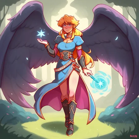 score_9, score_8_up, score_7_up, score_6_up, score_5_up, score_4_up, a girl in the forest, <lora:Nina_BoF2_XL:1> ninabofii, angel wings, blonde hair, long hair, sidelocks, dress, bridal gauntlets, boots, magic, source_anime, art by dross, large breasts