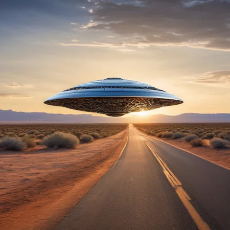 UFO floating above a lonely road in the adobe desert, made of cd's, shiny metal ufo, realistic desert, rock, shrubs, vanishing point, sunset, a lone house in the distance