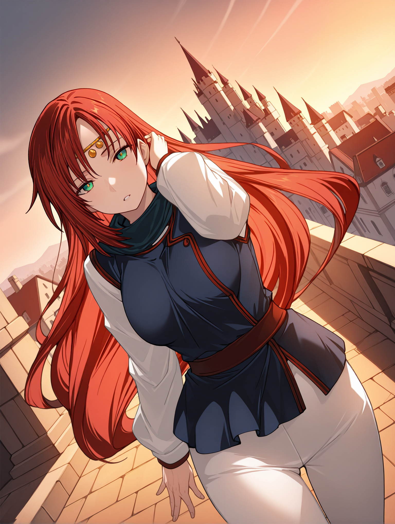 masterpiece,best quality,newest,
1girl,solo,
<lora:elenoa_ilxl_v3.9:1>,elenoa,red hair,very long hair,green eyes,
e_circlet,
e_02clothes,long_sleeves,white sleeves,blue clothes,white pants,
<lora:Fixhands_anime_bdsqlsz_V1:1>,castle,city,dynamic_angle,cinematic_angle,hand_in_hair,cowboy_shot,