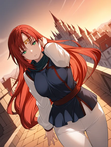 masterpiece,best quality,newest,
1girl,solo,
<lora:elenoa_ilxl_v3.9:1>,elenoa,red hair,very long hair,green eyes,
e_circlet,
e_02clothes,long_sleeves,white sleeves,blue clothes,white pants,
<lora:Fixhands_anime_bdsqlsz_V1:1>,castle,city,dynamic_angle,cinematic_angle,hand_in_hair,cowboy_shot,