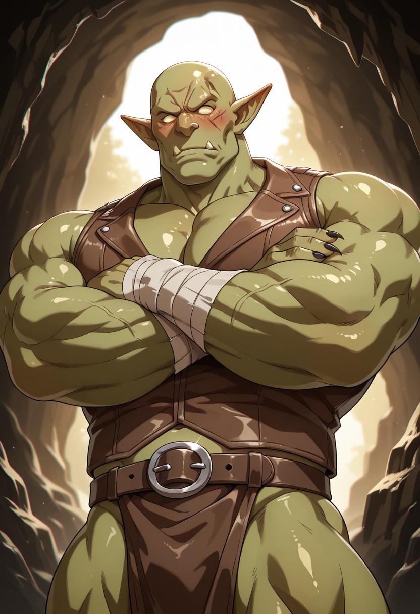 solo, male focus, masterpiece, absurdres, very aesthetic, ultra-detailed, amazing quality, masculine face, mature male, 
1boy, goblin, Green Skin, Yellow eyes, blank eyes, no pupils, black nails, sharp nails, pointy nose, tlarger men, Big body, broad shoulders, scar on cheek, cross scar, huge pointy ears, underbite, fangs, huge muscles, bara, huge biceps, huge pectorals, abs, closed mouth, frown, looking at viewer, bald, shiny skin, arm wraps, crossed arms, leather vest, sleeveless, blush, blushing, loincloth, belt, from below, looking down, low-angle view, 
BREAK 
upper body, half-length portrait, perfect lighting, cave, backlighting, 
score_9, score_8_up, score_7_up, WaiIL25PosC, k0n0hanaya