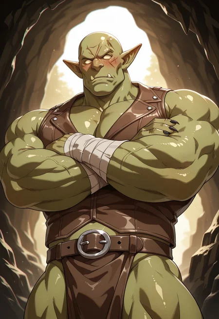 solo, male focus, masterpiece, absurdres, very aesthetic, ultra-detailed, amazing quality, masculine face, mature male, 
1boy, goblin, Green Skin, Yellow eyes, blank eyes, no pupils, black nails, sharp nails, pointy nose, tlarger men, Big body, broad shoulders, scar on cheek, cross scar, huge pointy ears, underbite, fangs, huge muscles, bara, huge biceps, huge pectorals, abs, closed mouth, frown, looking at viewer, bald, shiny skin, arm wraps, crossed arms, leather vest, sleeveless, blush, blushing, loincloth, belt, from below, looking down, low-angle view, 
BREAK 
upper body, half-length portrait, perfect lighting, cave, backlighting, 
score_9, score_8_up, score_7_up, WaiIL25PosC, k0n0hanaya