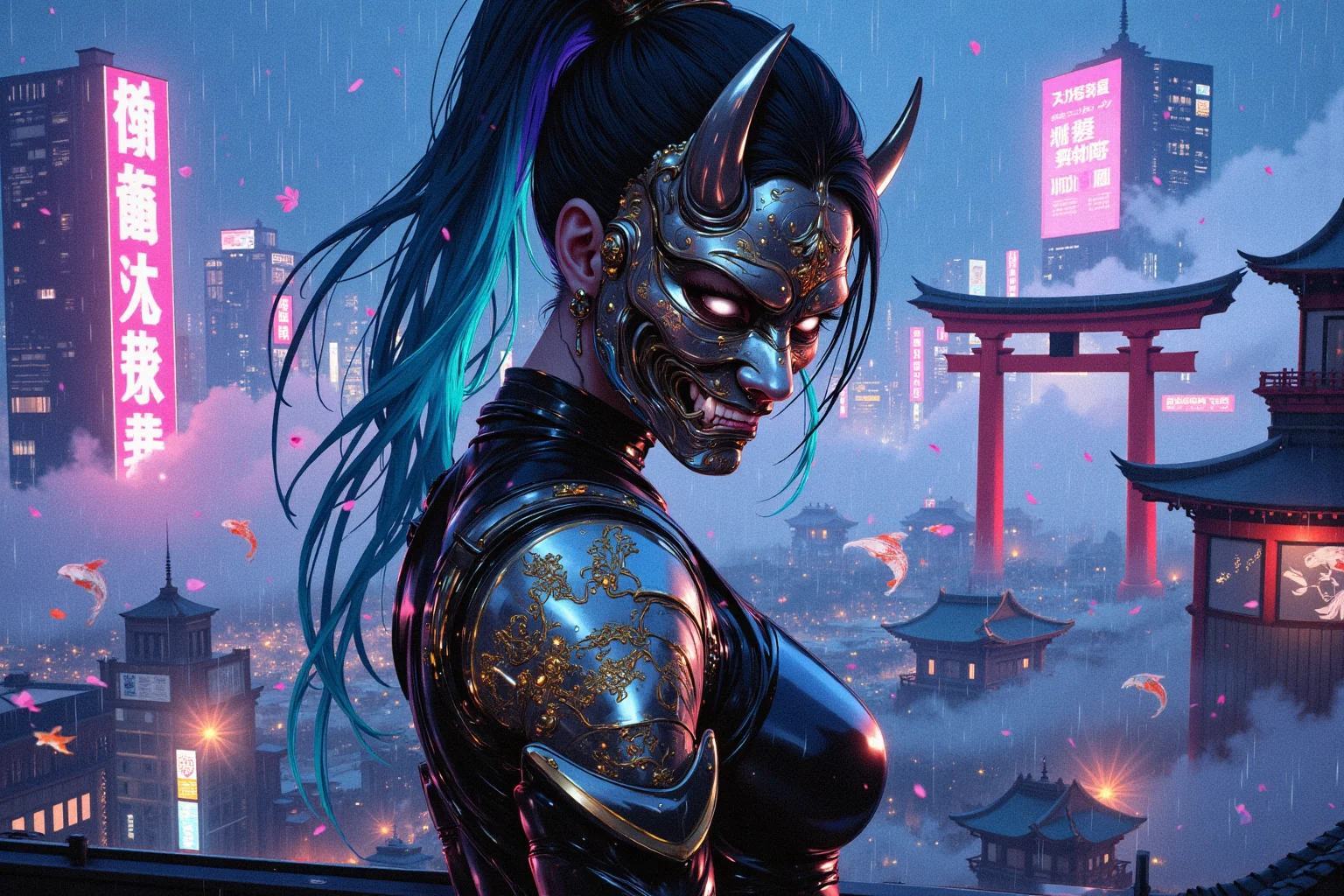 A breathtaking close-up of a cyberpunk kunoichi facing directly towards the viewer, her mesmerizing white eyes glowing like the hypnotic shimmer of a neon-lit Tokyo night. Her exquisitely detailed face exudes both beauty and mystery, framed by sleek, electric-blue hair styled into an elegant high ponytail. A striking, oversized hannya mask covers half of her face, its design flickering between digital transparency and a menacing demonic visage, yet her eyes and the uncovered half of her face convey fierce determination.
She wears a high-tech, form-fitting bodysuit infused with glowing elements—textured like woven silk yet reinforced with advanced nanofiber plating. Along her sleeves, subtle luminescence shifts dynamically between ancient protective spells and encrypted digital messages. A cybernetic samurai-style shoulder guard glows with intricate golden circuits, and her left arm is fully cybernetic, merging elegant design with cutting-edge technology.
She stands atop a sleek, rain-slicked rooftop in Neo-Tokyo, her figure illuminated by vibrant holographic billboards in the background. Towering red torii gates, repurposed as neon-lit portals to digital temples, cast an ethereal glow against the foggy skyline. In the distance, enormous holographic koi fish glide gracefully through rivers of data streams cascading from floating megastructures.
A gentle rain drizzles over the neon city, each drop glowing as it touches her suit, creating reflections that evoke a dreamlike cybernetic ukiyo-e painting. Cherry blossom petals, enhanced with bioluminescent nanotech, drift through the air, blending with the neon haze. With a confident, enigmatic smirk, she embodies a stunning fusion of traditional Japanese aesthetics and cyberpunk futurism, captured in ultra-detailed, hyper-realistic 8K resolution, with cinematic lighting and a breathtaking, neon-drenched atmosphere.
Art in the style of Yomu_Yakadashi.
EpicGorgeousDetails, cinna flow, 8k detailed neon themed digital illustration style, 8uartz4r4