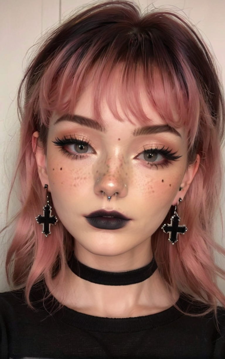 alt girl, (best quality, masterpiece, aesthetic, colorful, dynamic angle, detailed), (shiny skin, detailed face, freckles), portrait selfie photo of woman with dyed hair wearing black cross earrings, makeup, eyeliner, black t-shirt, best aesthetic, soft light  <lora:alt_fashion:0.6>