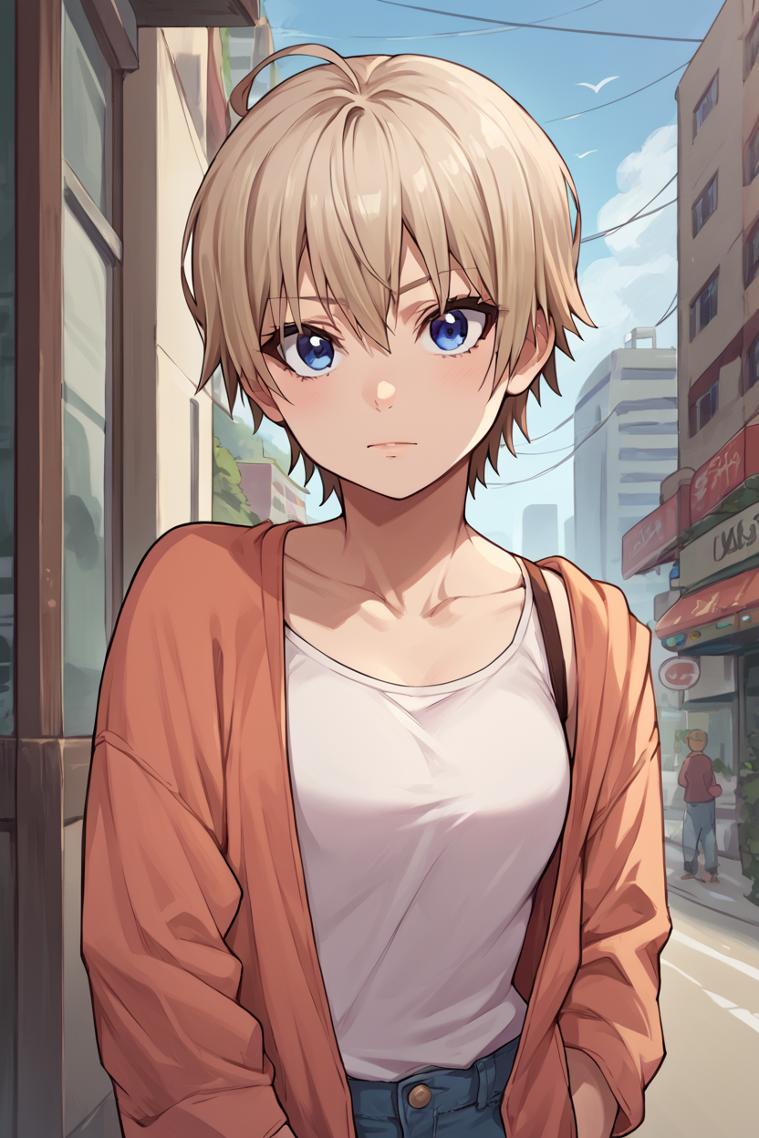 score_9, score_8_up, score_7_up, source_anime BREAK 1girl, solo, <lora:gakkou_miki:1>, gakkou_miki, casual fashion, short hair, blue eyes, bangs, looking at you, city