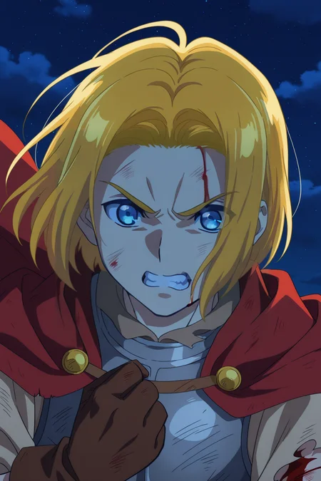 <lora:ZenshuuStyle:1>, ZenshuuStyle, 1boy, blonde hair, solo, blue eyes, male focus, sky, cape, night, armor, gloves, torn clothes, night sky, clenched teeth, cloud, red cape, outdoors, blood, short hair, injury, brown gloves, star \(sky\), angry