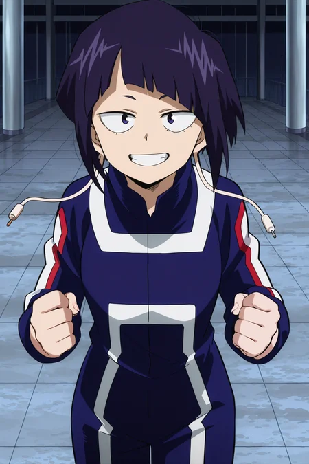 anime screencap, anime coloring, detailed face, masterpiece, best quality, very aesthetic, absurdres, volumetric lighting, official style, amazing quality, ultra detailed,  highres, amazing quality, scenery, beautiful detailed hair, beautiful detailed eyes,
<lora:StS-Illustrious-Detail-Slider-v1.0:4>
indoors
<lora:Kyoka_Jiro_My_Hero_Academia:1>
U.A. jumpsuit (outfit), Kyoka Jiro (character), 1girl, jirou kyouka, clenched hands, solo, short hair, looking at viewer, purple hair, outdoors, long earlobes, black eyes, smile, audio jack, closed mouth, blue pants, grin