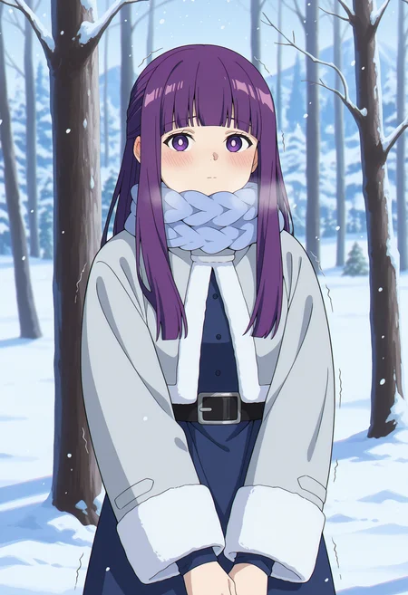 anime screencap, masterpiece, best quality,
<lora:SousouNoFrieren_Fern_IlluXL:0.9>,
1girl, solo, closed mouth, ear blush,
purple hair, long hair, purple eyes, bright pupils, blunt bangs,
FernWinter, blue scarf, winter coat, grey jacket, cropped jacket, blue dress, black belt,
standing, looking at the viewer, trembling, shiver lines,
forest, tree, winter, snow, snowing, blizzard, cold, nature, photo background, blurry background