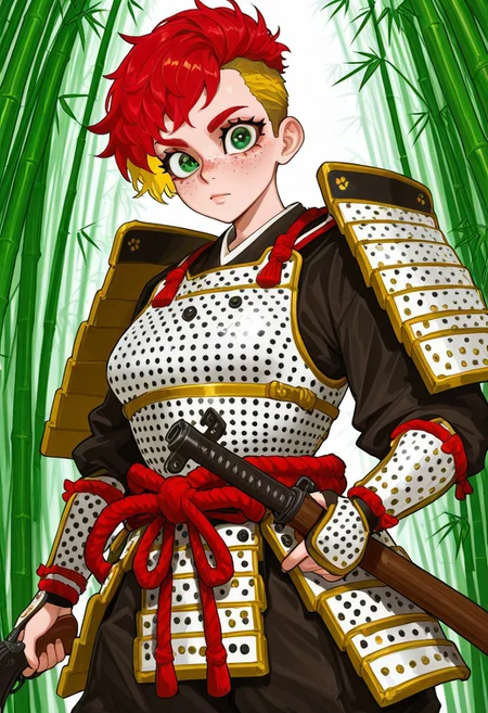 Pst,
1girl, solo, short hair,red hair, blonde hair, undercut,multicolored hair, frilled white armor, polka dot armor, green eyes, big eyes:1.2, freckles:2.0,
medium breasts,atlethic body, 
samurai, commando armor, gun, leather armor, dark clothed armor ,epic colors, ropes,
bamboo forest,bamboos, green bambo leaves,
 ,solo