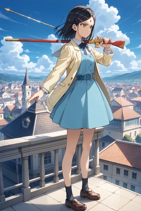 score_max, (score_9, score_8_up, score_7_up:1.0), score_6_up, official art,
, masterpiece, absurdres, high detail, 8k,
western house, on roof, blue sky, cloud, from side,
standing, holding bow \(weapon\), aiming, serious,
dolma, black hair, forehead jewel, hairclip, school uniform, collar, neck ribbon, blue dress, yellow jacket, belt, long sleeves, black socks, loafers,
<lora:XL_Pony_anime-lupin5-dolma-t1:1.0>
