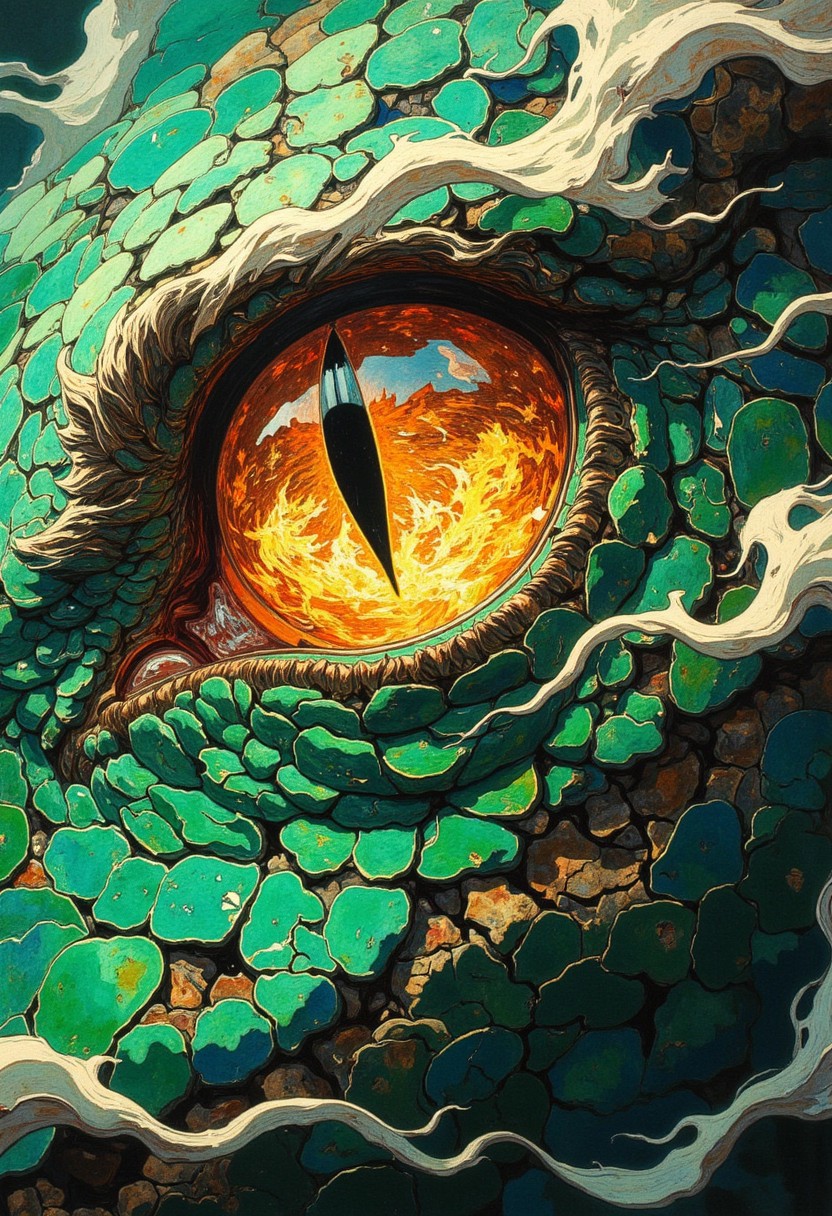 A dramatic vertical close-up of a dragon's eye, detailed, sharp and smooth, its slit-pupil glowing with a fierce golden hue, reflecting flames and the glint of ancient treasures. The surrounding skin is textured with intricate patterns of jade-green scales, each one polished and gleaming as if carved from precious stone, catching light in a mesmerizing interplay of highlights and shadows. Tiny cracks and veins run across the scales, giving them a lifelike, ancient quality. The eye itself is alive with vivid details—fiery wisps and swirling, molten textures within the iris, radiating power and intensity. Soft tendrils of smoke rise around the edges, curling delicately against the dragon's emerald hide, adding to the mythical, awe-inspiring atmosphere. DB4RZ style painting