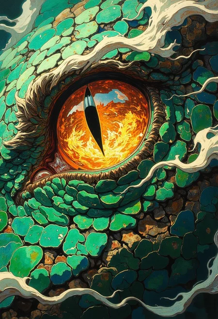 A dramatic vertical close-up of a dragon's eye, detailed, sharp and smooth, its slit-pupil glowing with a fierce golden hue, reflecting flames and the glint of ancient treasures. The surrounding skin is textured with intricate patterns of jade-green scales, each one polished and gleaming as if carved from precious stone, catching light in a mesmerizing interplay of highlights and shadows. Tiny cracks and veins run across the scales, giving them a lifelike, ancient quality. The eye itself is alive with vivid details—fiery wisps and swirling, molten textures within the iris, radiating power and intensity. Soft tendrils of smoke rise around the edges, curling delicately against the dragon's emerald hide, adding to the mythical, awe-inspiring atmosphere. DB4RZ style painting