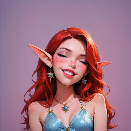 safe_pos, score_9, score_8_up, score_7_up, score_6_up, score_5_up, score_4_up, detailed body, detailed face, detailed eyes,
BREAK
cinematic lighting, (portrait, face focus:1.4),
BREAK
1girl, cute_elf, 18 years old, long red hair, (stunning beauty, very pale skin), (cute nose, small mouth, perfect small breasts), (skin detail, freckles, moles on skin:1.4), 
BREAK
(((ornate silver-blue dress))), perfect makeup, silver jewellery, 
BREAK
(Cheeky grin, dimples, self-satisfied, naughty:1.4), eyes closed, 
BREAK
(1girl, head tilt:1.4), 
BREAK
(blurred purple background:1.4), 
