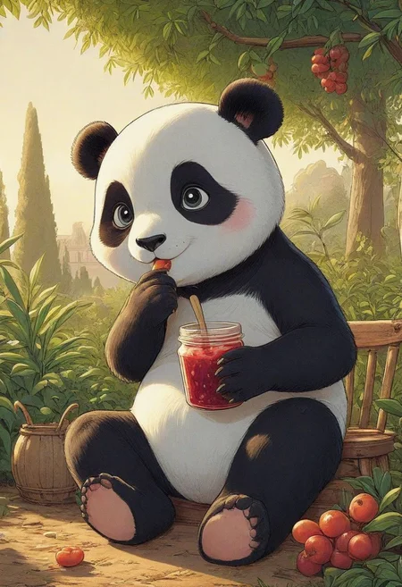 cartoon of cute chubby baby panda, sitting down eating jam with its whole paw, playful, quirky, 1940's cartoon, vintage cartoon, beautiful, detailed, garden background