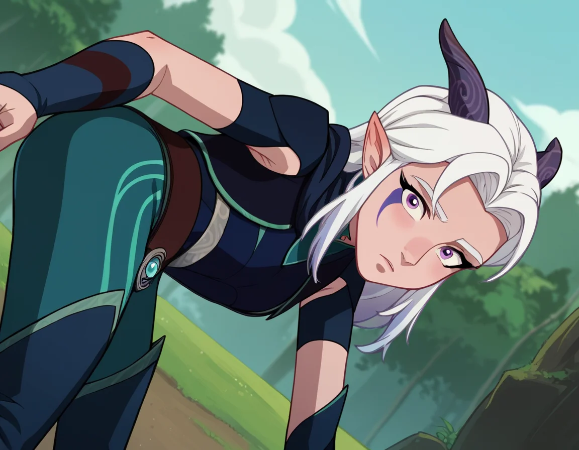 score_9, score_8_up, score_7_up, source_anime,
rayla, <lora:the-dragon-prince-rayla-ponyxl-lora-nochekaiser:1>,
rayla, long hair, white hair, horns, pointy ears, purple eyes,
boots, belt, bodysuit,
outdoors, nature, bent over,
looking at viewer, dutch angle, cowboy shot,