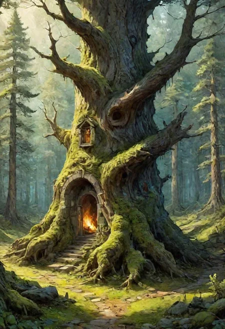 Bright sunshine in the woods like the fire is blazing  the juniper trees crackle and shrink; Like drunken giants The spruce-tree is wobbling with color..detailing magical realm fantasy scene dramatic light sharp details