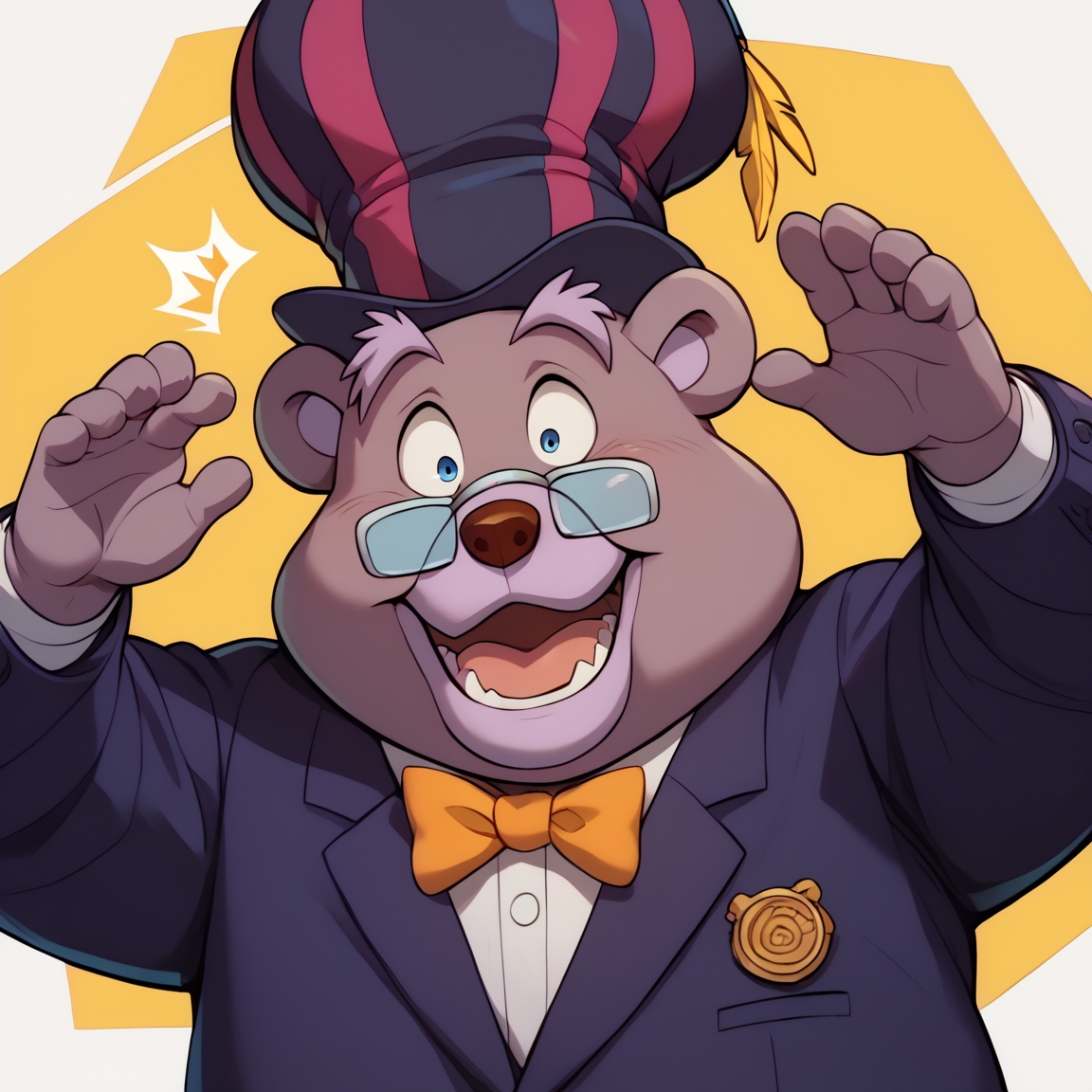 score_9, score_8_up, score_7_up, score_6_up, high quality, absurd res, best quality, zummigummixl, anthro, solo, bear, glasses, pince-nez, hat with one feather, purple tuxedo, surprised, smile
