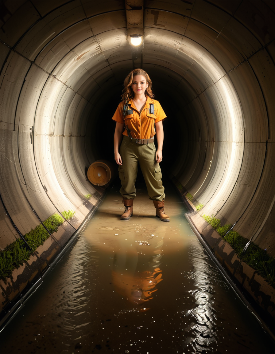 A young woman, April O'Neil, stands confidently in front of a large, circular sewer pipe,L4rg3 s3w3r p1p3. She has vibrant red, shoulder-length wavy hair and wears her iconic bright yellow jumpsuit with utility-style details, such as rolled-up sleeves and visible pockets. A brown utility belt is fastened around her waist. She holds a microphone or a small camera in one hand, highlighting her role as a journalist. Her expression is determined and slightly smiling, radiating courage and curiosity.
The sewer pipe behind her is massive and weathered, with green moss and moisture stains around its edges. The interior of the pipe is dark and shadowy, while the exterior is illuminated by soft natural light. There is a small puddle of water or wet ground in front of the pipe, reflecting faint light.
The background features an urban, industrial setting with worn brickwork surrounding the sewer opening, showing signs of age and decay. Small wild plants and grass grow around the base, adding a touch of nature to the scene.
The lighting is soft and dramatic, with natural sunlight streaming in and casting gentle reflections on the ground and inside the pipe. The image is styled as a semi-realistic illustration with vivid, bright colors for April O'Neil, contrasting with the muted, earthy tones of the background. The overall mood is adventurous and cinematic.<lora:SDXLFaeTastic2400:0.4> <lora:extremely_detailed:0.4> extremely detailed, <lora:L4rg3_s3w3r_p1p3:1>, Masterpiece,best quality,hi res,8k,hi res,8k,award winning,(sharp focus, intricate, highly detailed),