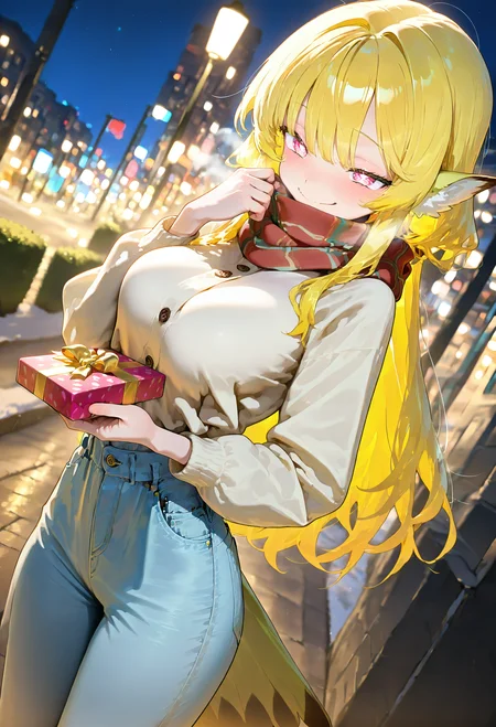 masterpiece, best quality, amazing quality, very aesthetic, absurdres, newest, 1girl, solo girl, incomming gift, (gift box), <lora:add-detail-xl:0.8><lora:illustrious_noobai_epsilon_pred_1_best_quality_v1:0.8> <lora:illustrious_noobai_epsilon_pred_1_masterpieces_v1:0.8> outside, snowy weather, warm pants, warm jacket, scarf, mouth is covered by scarf, blush, dutch angle, half closed eyes,
BREAK <lora:Lucita_Yellow_Illustrious:1> Lucita Yellow, long yellow hair, bangs, animal ears, tail, pink eyes, square shaped pupils, closed mouth, smiling, ((adult)) medium breasts,
masterpiece, best quality, amazing quality, very aesthetic, absurdres, newest