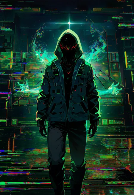 1 hologram spirit, ambiguous gender, jacket, hood, hidden face, glitch, floating, solo, screens, (cyberpunk0.8), futuristic, sci-fi,
masterpiece, best quality, amazing quality, very aesthetic, absurdres, newest,